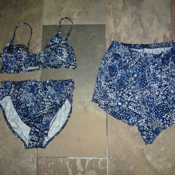 Lands' End 3 Piece Set 14 Bathing/Swim Suit navy/white batik/bandana 2 pc+shorts - Picture 3 of 16